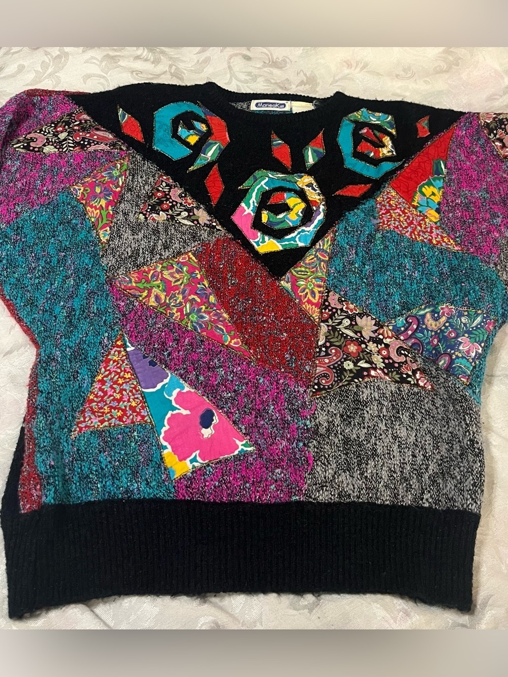 Vtg Mariea Kim Sweater Multicolor Vintage 80s Patchwork Knit Batwing Pullover M - Picture 7 of 12